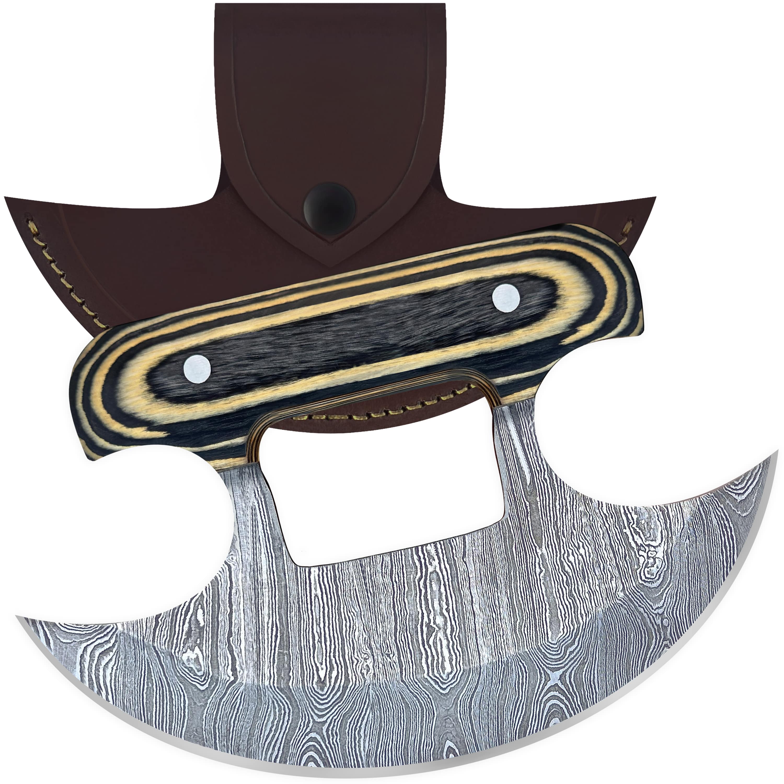 Damascus Steel Alaskan Ulu with crescent-shaped blade and ergonomic wood handle.