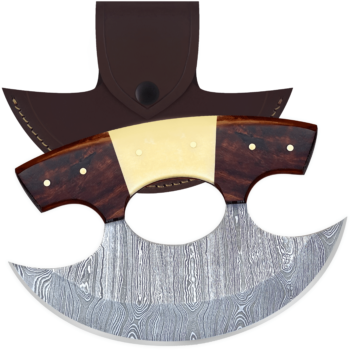 Damascus Steel Alaskan Ulu with crescent-shaped blade and ergonomic wood and bone handle.
