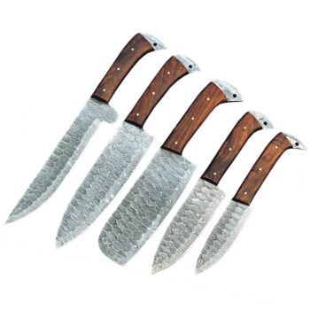 Custom Engraved damascus Steel 5-Piece Chef Cutlery Set with wood handles and black leather sheaths.