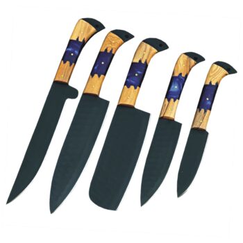 Custom Engraved Carbon Stainless Steel 5-Piece Chef Cutlery Set with wood handles and black leather sheaths.