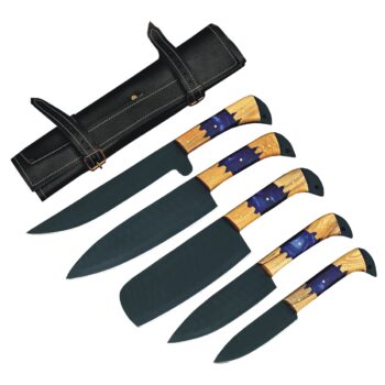 Custom Engraved Carbon Stainless Steel 5-Piece Chef Cutlery Set with wood handles and black leather sheaths.
