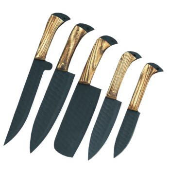 Custom Engraved Carbon Stainless Steel 5-Piece Chef Cutlery Set with wood handles and black leather sheaths.