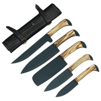 Custom Engraved Carbon Stainless Steel 5-Piece Chef Cutlery Set with wood handles and black leather sheaths.
