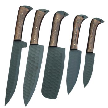 Custom Engraved Carbon Stainless Steel 5-Piece Chef Cutlery Set with wood handles and black leather sheaths.