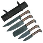 Custom Engraved Carbon Stainless Steel 5-Piece Chef Cutlery Set with wood handles and black leather sheaths.