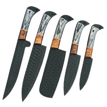Custom Engraved Carbon Stainless Steel 5-Piece Chef Cutlery Set with wood handles and black leather sheaths.