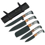 Custom Engraved Carbon Stainless Steel 5-Piece Chef Cutlery Set with wood handles and black leather sheaths.