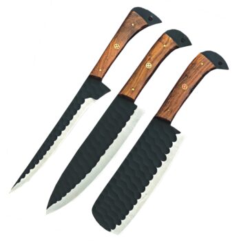 Custom Engraved carbon Stainless Steel 3-Piece Chef Cutlery Set with wood handles and black leather sheaths.