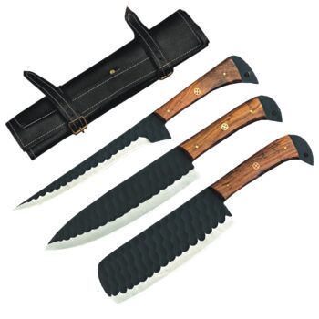 Custom Engraved carbon Stainless Steel 3-Piece Chef Cutlery Set with wood handles and black leather sheaths.
