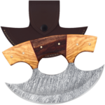 Damascus Steel Alaskan Ulu with crescent-shaped blade and ergonomic wood handle.