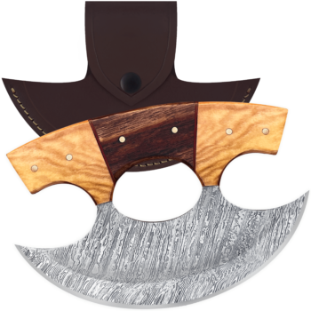 Damascus Steel Alaskan Ulu with crescent-shaped blade and ergonomic wood handle.