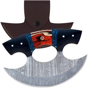Damascus Steel Alaskan Ulu with crescent-shaped blade and ergonomic wood and Resin handle.